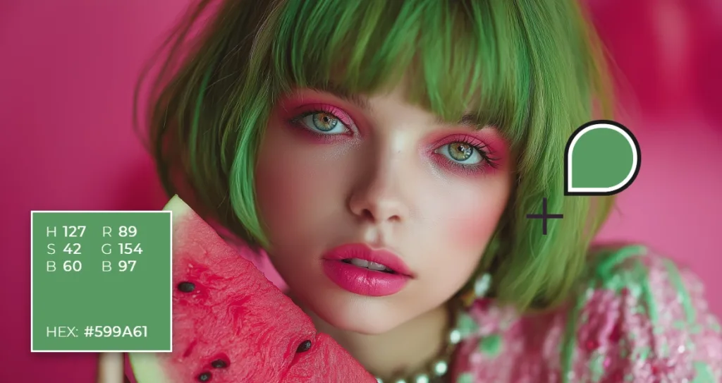 Portrait of a woman with green hair holding a watermelon slice, showing a selected green color with RGB, HSB, and HEX values.