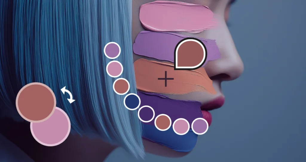 Side profile of a woman with painted color swatches on her face, illustrating custom color creation and color blending controls.