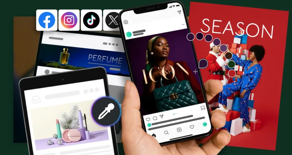 Hand holding a smartphone displaying a fashion social media post, surrounded by layered digital ads and creative visuals. Social media icons for Facebook, Instagram, TikTok, and X appear at the top, with an eyedropper tool overlay indicating color picking for seasonal campaign designs.
