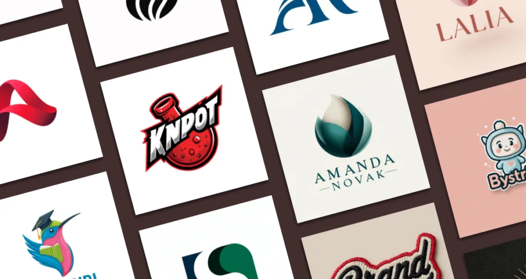 Grid of diverse logo designs displayed on square cards, showcasing different brand styles including modern, playful, and premium logos to represent brand identity and first impressions.