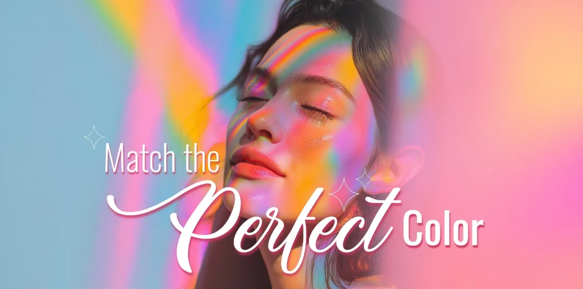 Portrait of a woman with colorful light reflections on her face, showcasing vibrant tones and the message “Match the Perfect Color.”