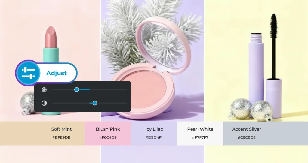 Modern pastel beauty product scene featuring lipstick, blush compact, and mascara on soft pastel backgrounds, with an editing adjust panel overlay. A color palette below highlights Soft Mint (#BFE9DB), Blush Pink (#F6C4D9), Icy Lilac (#D9D4F1), Pearl White (#F7F7F7), and Accent Silver (#C9CED6).