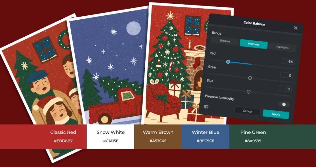 Nostalgic Christmas illustrations arranged like postcards, featuring carolers, a winter night scene, and a cozy living room with a decorated tree. A color balance editing panel overlays the image, and a traditional holiday color palette below lists Classic Red (#EBD8B7), Snow White (#C1A15E), Warm Brown (#A57C45), Winter Blue (#BFC5C8), and Pine Green (#8A9399).