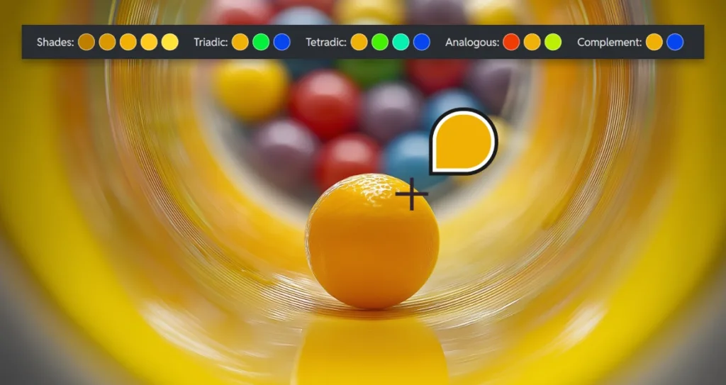 Yellow sphere highlighted with a color picker, demonstrating color harmony options like shades, triadic, tetradic, analogous, and complementary colors.