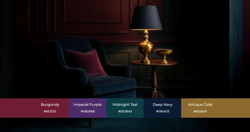 Moody interior scene featuring a dark velvet armchair with a burgundy cushion beside a small round table with a gold lamp, set against paneled walls. A jewel-tone color palette is displayed below showing Burgundy (#6E1E32), Imperial Purple (#4B2A68), Midnight Teal (#0E3B43), Deep Navy (#0B1A33), and Antique Gold (#8C6A2F).