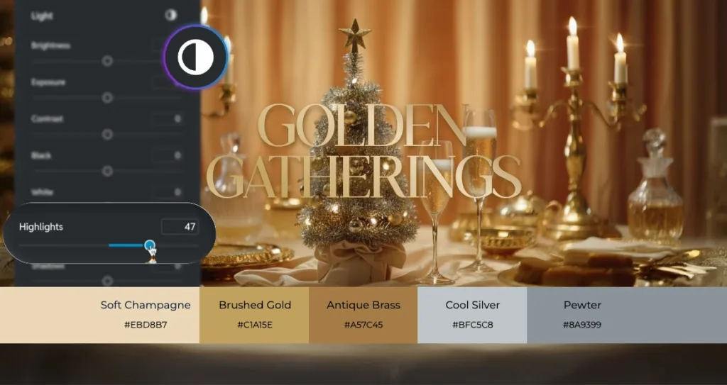 Elegant holiday table setting with gold décor, candles, champagne glasses, and a small metallic Christmas tree, overlaid with the text ‘Golden Gatherings.’ An image editing panel shows highlight adjustments on the left, while a metallic color palette below lists Soft Champagne (#EBD8B7), Brushed Gold (#C1A15E), Antique Brass (#A57C45), Cool Silver (#BFC5C8), and Pewter (#8A9399).