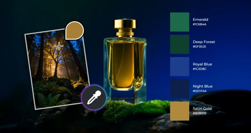 Luxury perfume bottle with gold accents placed on moss against a deep blue background, alongside a forest photo being color-picked with an eyedropper tool. A rich jewel-tone palette on the right features Emerald (#1C6B4A), Deep Forest (#0F3E2E), Royal Blue (#1C3D8C), Night Blue (#0D1F4A), and Satin Gold (#B0893E).