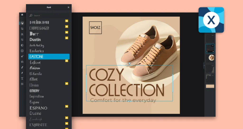 Pixlr design interface showing a shoe advertisement with the headline ‘Cozy Collection,’ featuring neutral-toned sneakers. A font selection panel is open on the left, highlighting typography choices used to shape brand tone and visual identity.