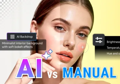 Split-screen image showing AI-edited portrait versus manual photo editing with background and color adjustments.