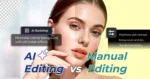 Split-screen image comparing AI editing and manual editing on a woman’s portrait, showing AI backdrop replacement on the left and manual brightness, contrast, hue, and saturation adjustments on the right.