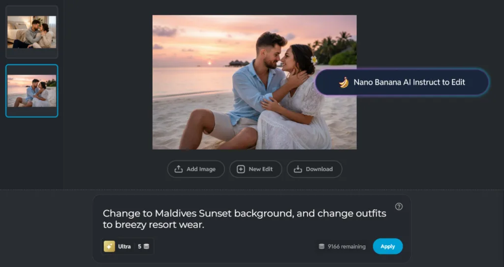 A photo editing interface showing a couple on a beach at sunset, with an AI prompt to change the background to a Maldives sunset and update outfits to breezy resort wear.