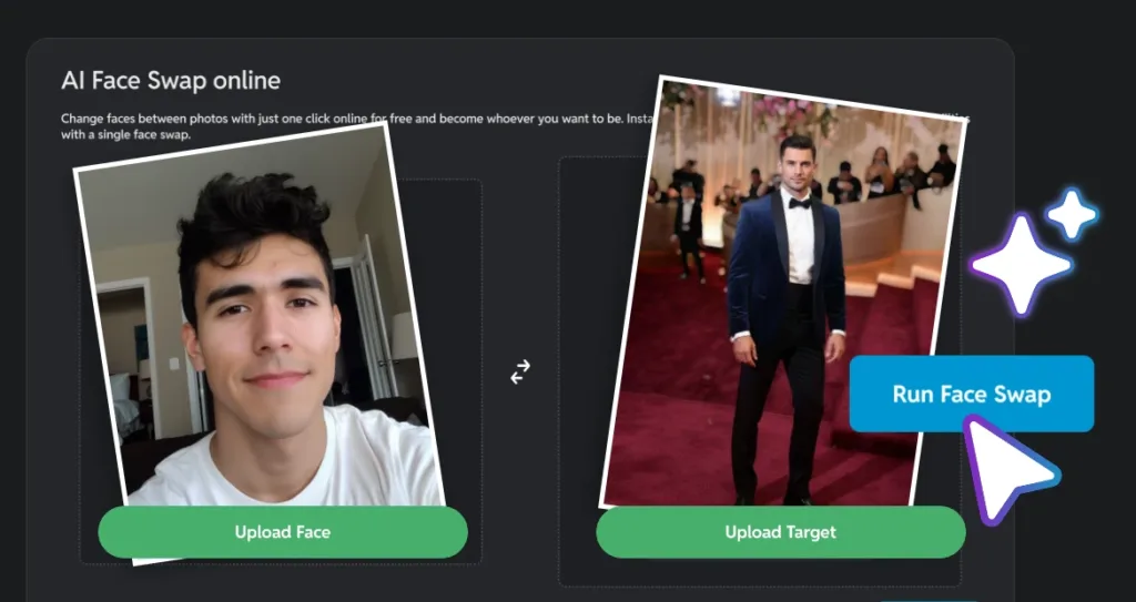 AI face swap interface showing a selfie uploaded as the source face on the left and a formal red-carpet photo as the target on the right, with “Upload Face,” “Upload Target,” and “Run Face Swap” buttons visible.