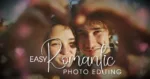 Romantic couple selfie framed by hands forming a heart shape, with soft lighting and blurred heart accents, overlaid with the text “Easy Romantic Photo Editing.”