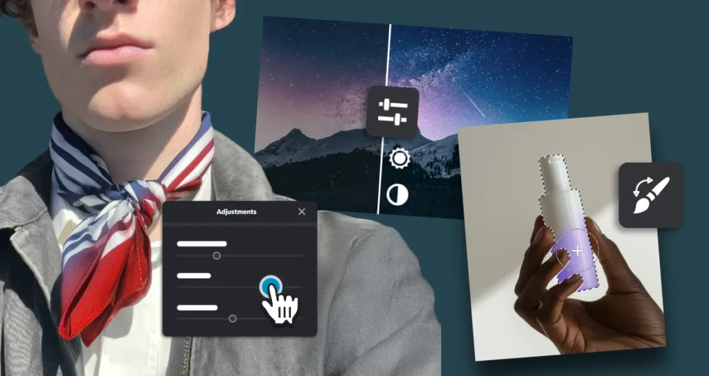 Creative collage showing manual photo editing for precision, featuring a portrait with adjustment sliders, a night landscape before-and-after comparison, and a hand-selected product cutout using brush tools.