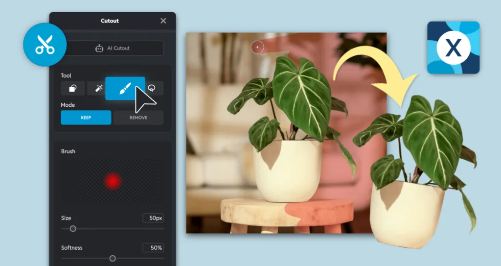 Pixlr cutout tool interface using a brush selection to keep a potted plant, showing a clean cutout of the plant separated from the original background.
