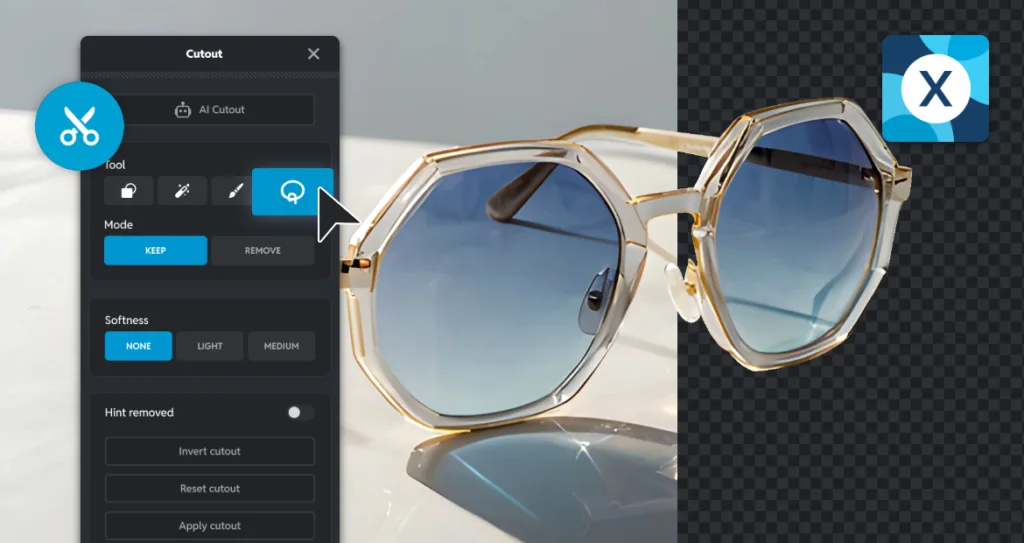 Pixlr cutout tool using the lasso selection to isolate a pair of sunglasses, showing the background removed and replaced with a transparent checkerboard.