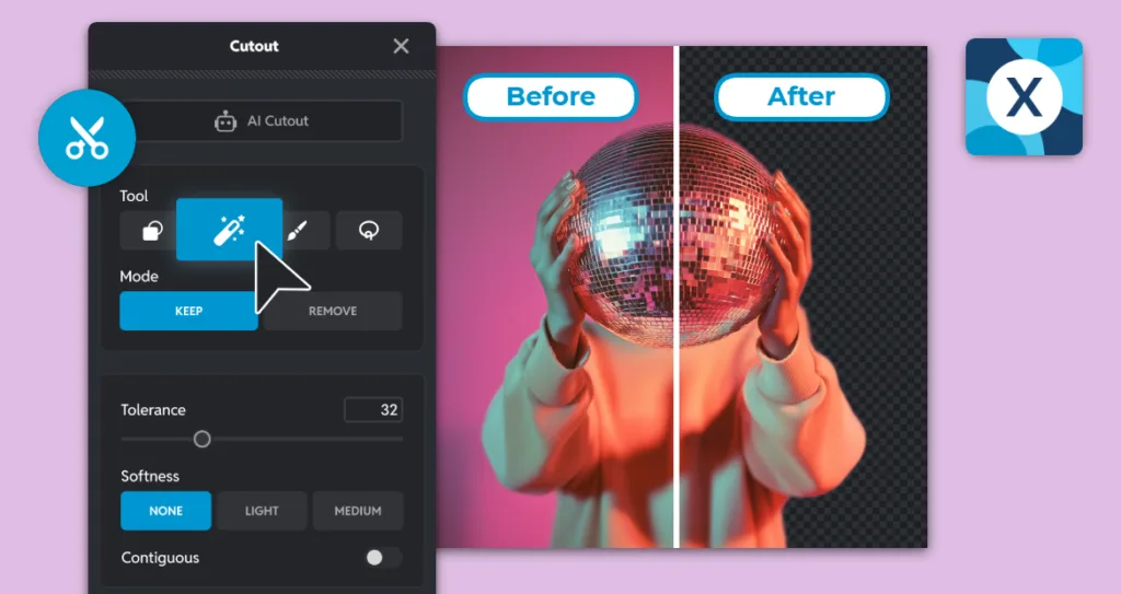 Pixlr cutout tool interface showing a before-and-after comparison of a person holding a disco ball, with the background removed using AI cutout and magic wand selection tools.