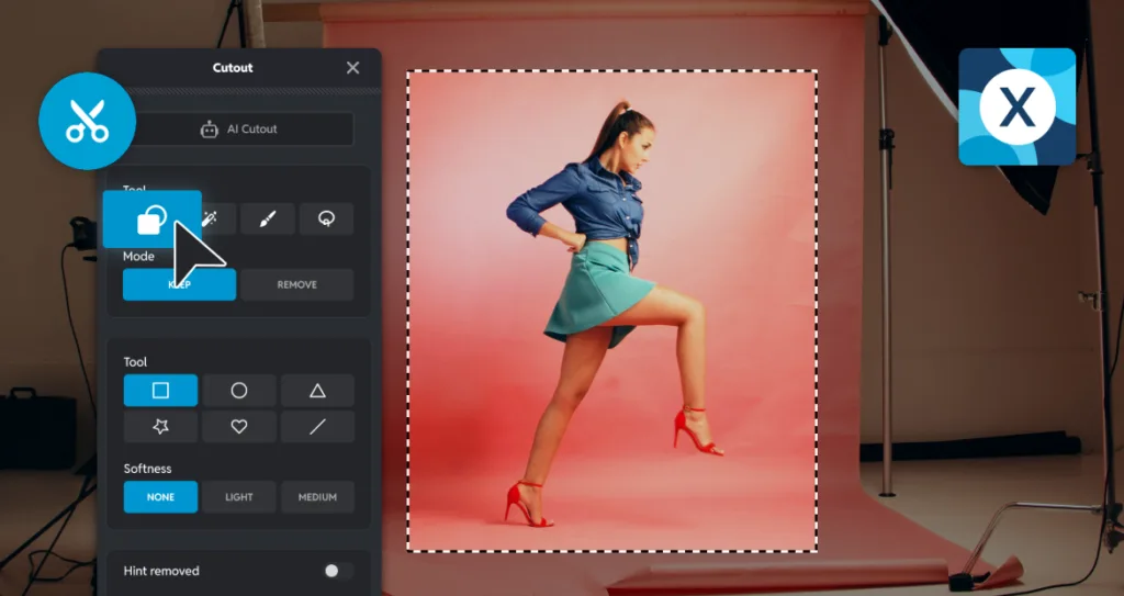 Pixlr cutout tool using a shape selection to keep a fashion model mid-step in a studio photoshoot, with the background selected for removal.