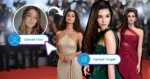 AI face swap example showing a woman’s selfie uploaded as the source face and multiple red-carpet gown photos as target images, with “Upload Face” and “Upload Target” buttons highlighting how a casual portrait is transformed into glamorous event looks.
