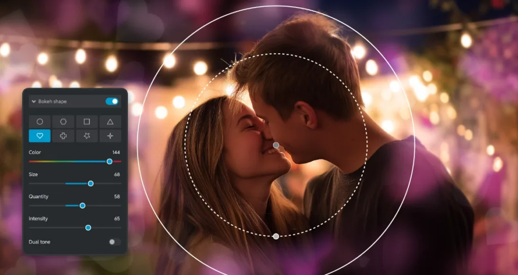 A couple sharing a kiss with glowing bokeh lights in the background, while a photo editor interface shows bokeh shape and intensity controls enhancing the romantic effect.