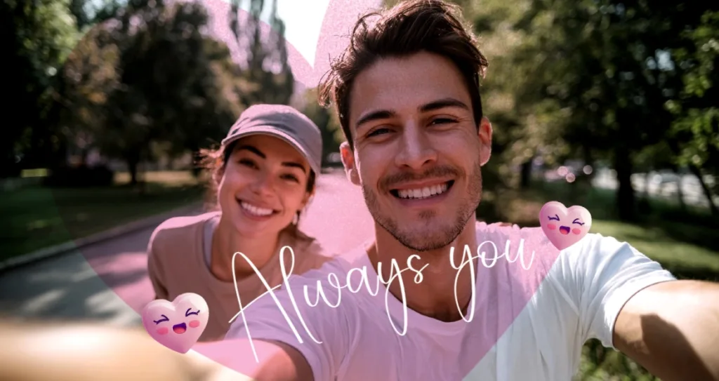 A smiling couple taking a selfie outdoors, with soft pink heart overlays and handwritten text reading “Always you,” creating a romantic, playful photo edit.
