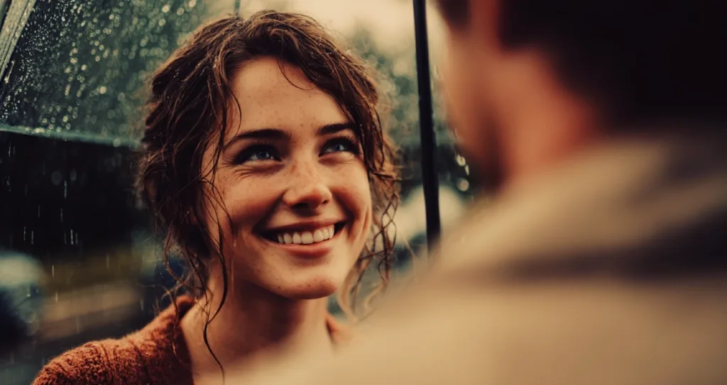 A woman smiling softly at her partner under an umbrella in the rain, with warm tones and cinematic lighting creating an intimate, romantic mood.
