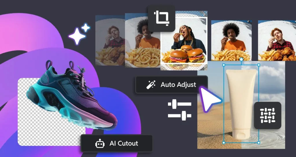 Illustration of AI photo editing use cases, showing AI cutout for product images, auto-adjust enhancements, background removal, and batch editing applied to lifestyle and ecommerce photos.