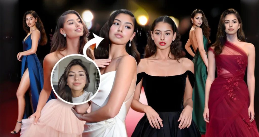 AI face swap montage showing a woman’s selfie transformed into multiple red-carpet looks, featuring elegant evening gowns in different styles and colors, with an arrow highlighting the change from a casual portrait to glamorous award-night appearances.