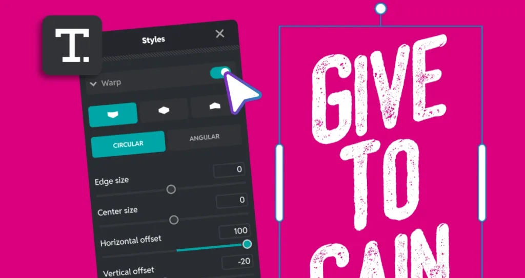 Text editing panel with warp style enabled, applying a circular text effect to bold typography on a pink background.