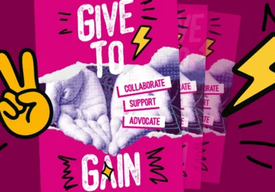 Bold feminist zine-style poster with the text ‘Give to Gain,’ open hands, and illustrated icons on a pink background.