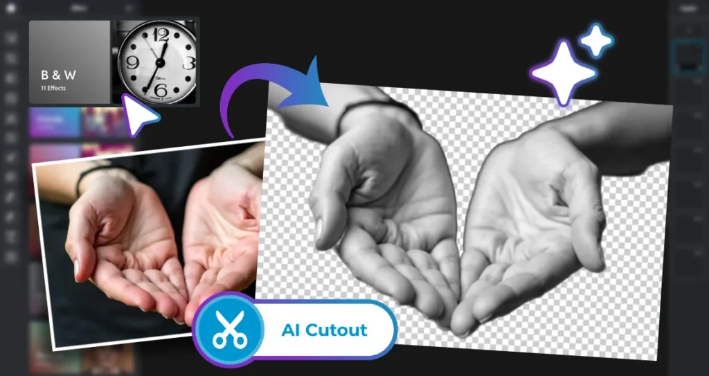 AI cutout tool removing the background from an image of two open hands with palms up.