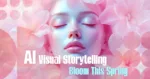 AI visual storytelling concept with a dreamy pastel portrait of a woman surrounded by flowers representing spring creativity and AI-generated design.