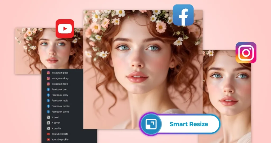 AI smart resize feature adapting one portrait image into multiple formats for Instagram, Facebook, and YouTube content.