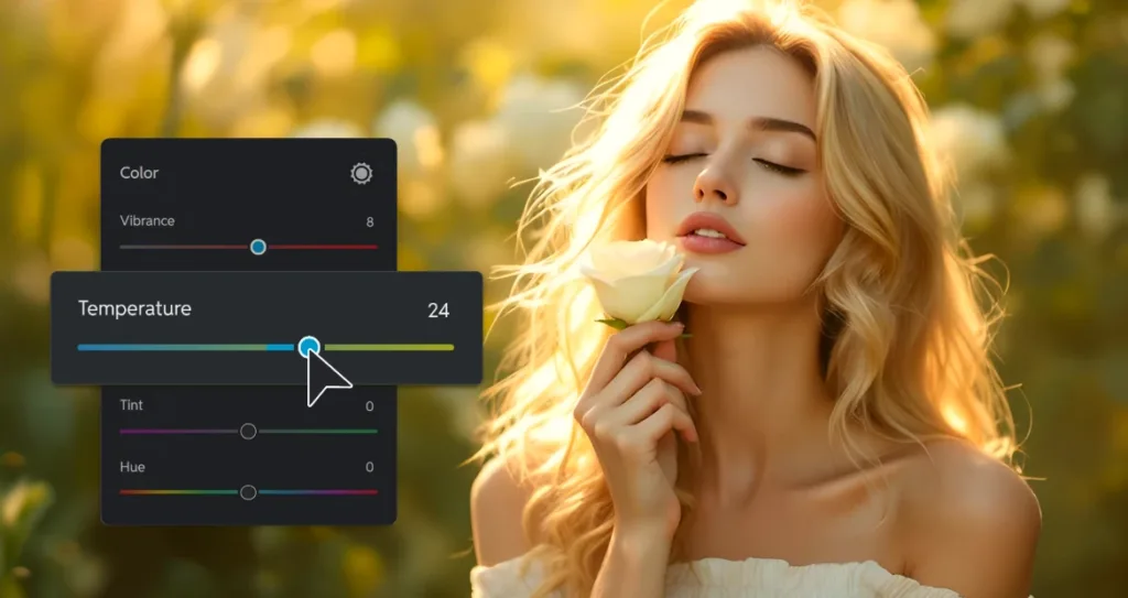 Photo editing interface showing a woman with blonde hair holding a white rose in warm sunlight, with color adjustment sliders visible and the temperature increased to create a sun-kissed golden tone.