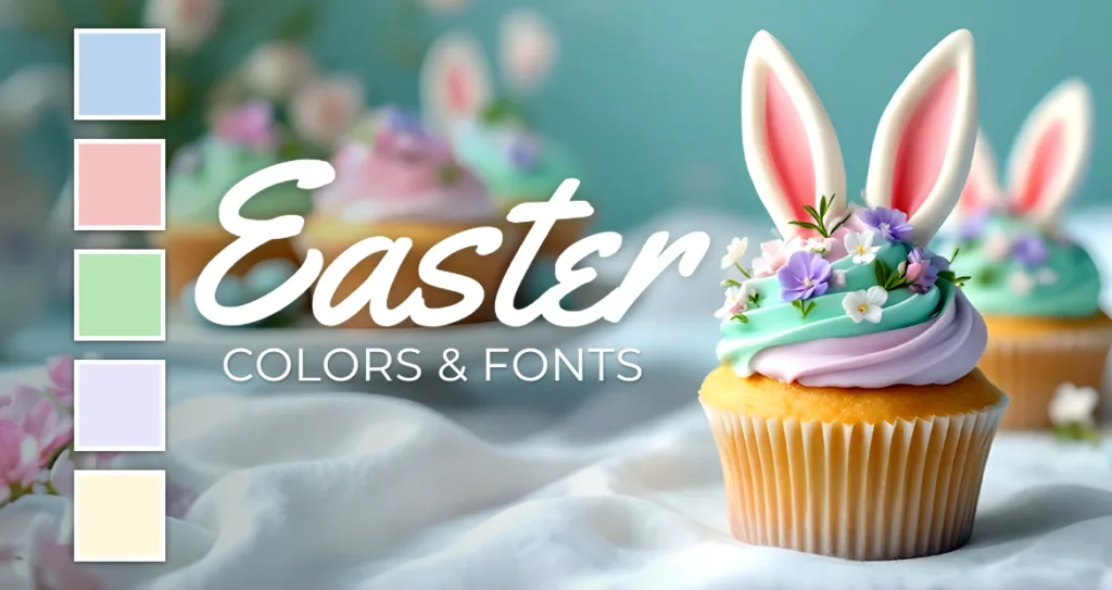 Easter-themed design featuring pastel color swatches, a cupcake decorated with bunny ears and flowers, and the text “Easter Colors & Fonts” on a soft blurred background.