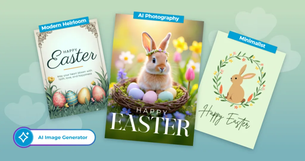 Collection of Easter greeting card designs showcasing three styles: a modern floral card with decorated eggs, a realistic AI-generated bunny in a nest with pastel eggs, and a minimalist illustrated bunny with a wreath, labeled under “AI Image Generator.”