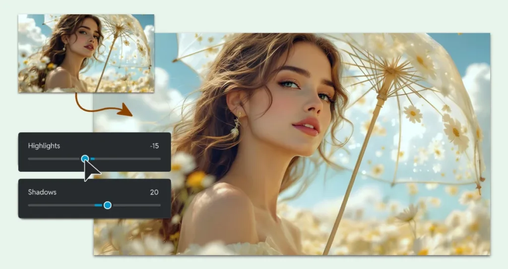 Before-and-after photo of a woman holding a transparent umbrella in a sunny field of daisies, with editing sliders showing highlights reduced and shadows increased to balance brightness and reveal detail.