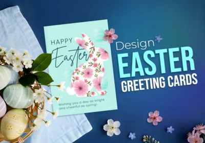 Easter-themed promotional banner featuring pastel-colored eggs in a basket with flowers on a blue background, alongside a greeting card with a floral bunny illustration and the text “Happy Easter,” and bold headline text reading “Design Faster Greeting Cards.”