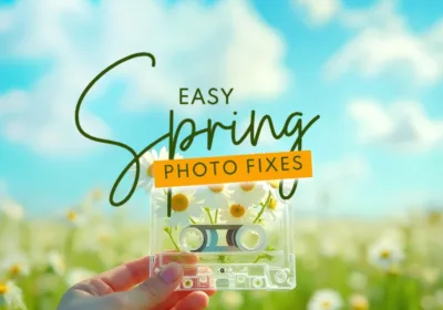 Hand holding a transparent cassette tape filled with daisies in a sunny spring field, with the text “Easy Spring Photo Fixes” overlaid against a blue sky background.