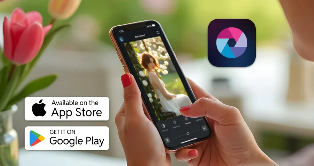 Person holding a smartphone editing a spring portrait in the Pixlr mobile app, with App Store and Google Play download badges displayed alongside the Pixlr app icon.