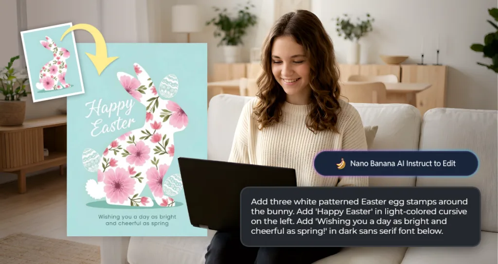 Woman using a laptop at home to create an Easter greeting card, with a floral bunny design preview and on-screen AI editing instructions for adding text and decorative elements.