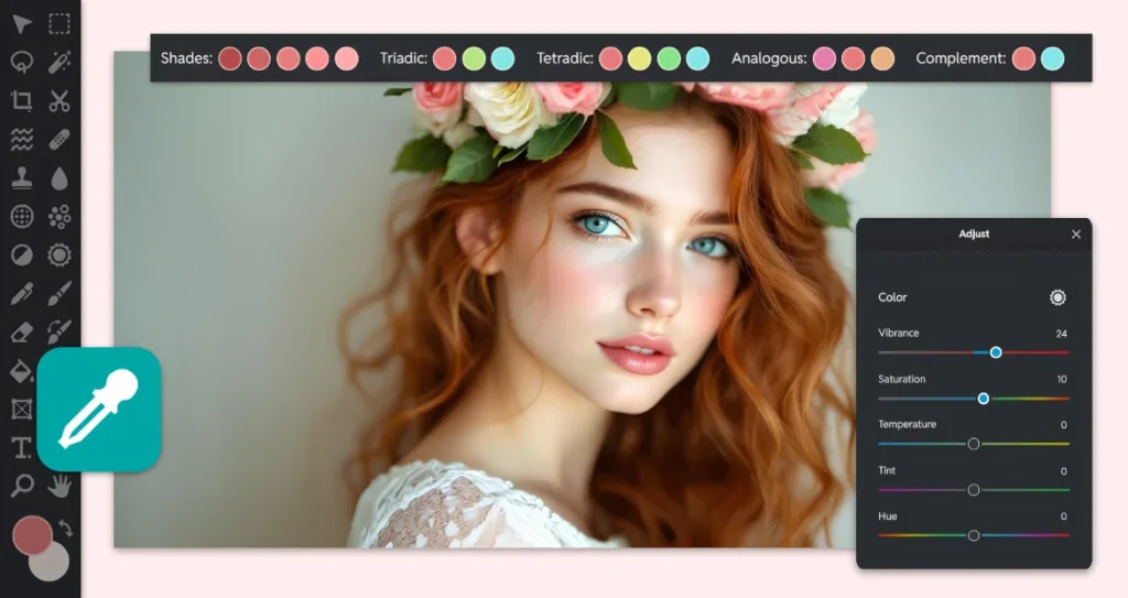 AI photo editing interface adjusting color, vibrance, and saturation on a floral portrait to create balanced and inclusive visual design.
