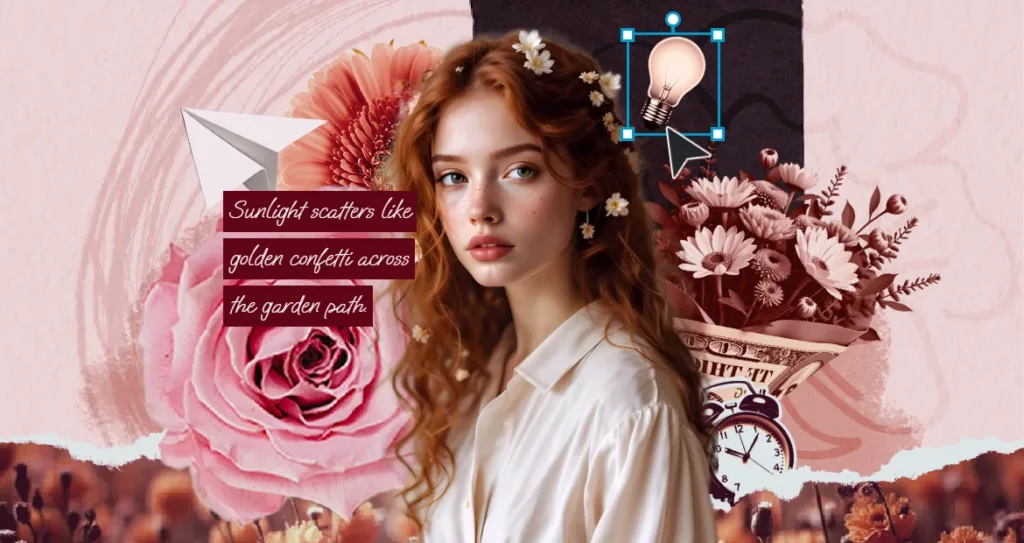 AI-generated neo-montage collage featuring a portrait surrounded by flowers, paper elements, and creative objects representing memory and AI storytelling.