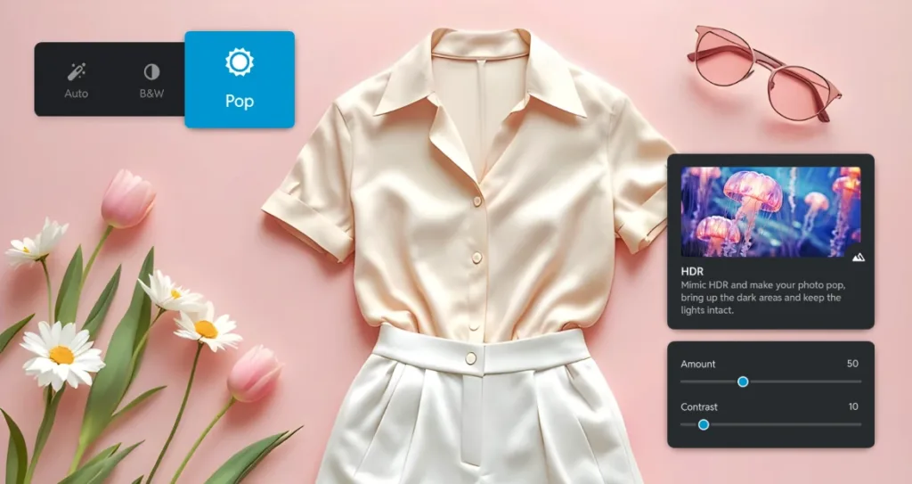 Flat lay of a beige blouse and white shorts on a pink background with flowers and sunglasses, shown alongside photo editing controls including Auto, B&W, Pop, and HDR settings with amount and contrast sliders to enhance colors and contrast.
