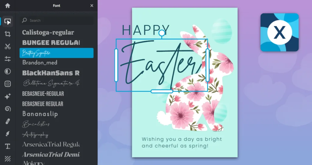 Design editor interface showing text being added to an Easter greeting card, with “Happy Easter” styled in mixed fonts over a floral bunny illustration, and a font selection panel visible on the left.
