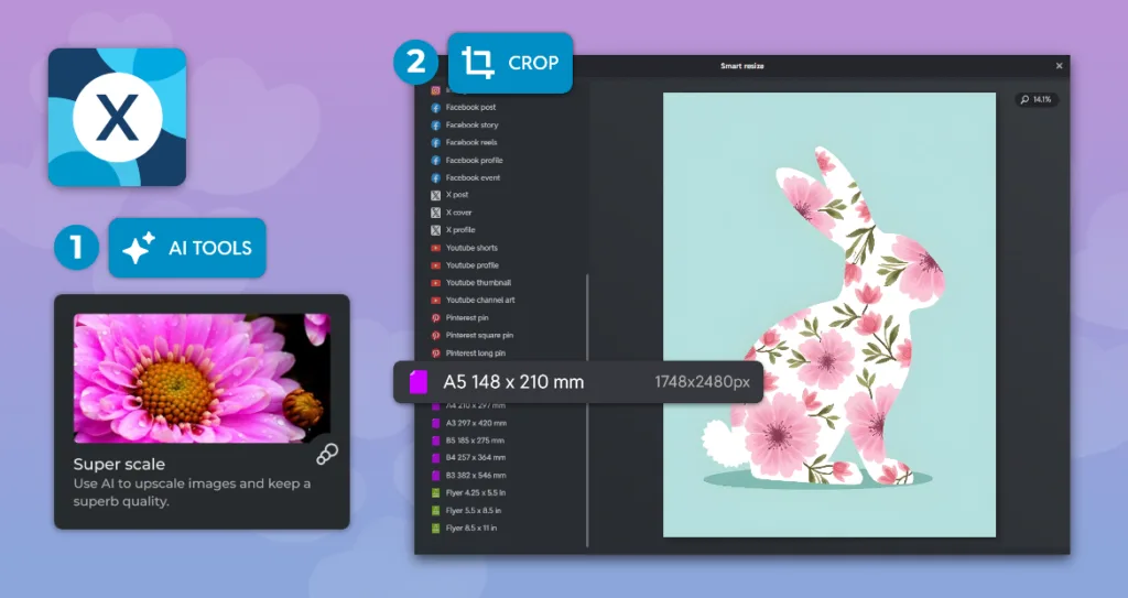 Step-by-step design interface showing Pixlr AI tools: image upscaling feature on the left and a crop/resize panel on the right with a floral bunny illustration being adjusted to A5 dimensions.