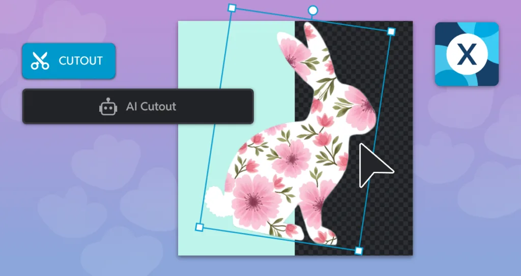 Design interface showing AI Cutout tool removing the background from a floral-patterned bunny illustration, with part of the image turned transparent and selection handles visible for editing.