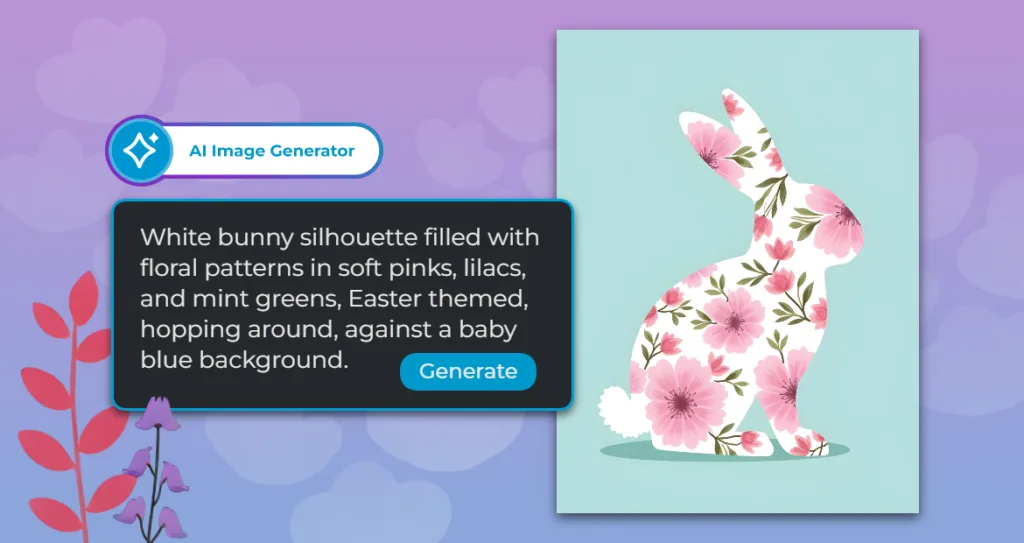 Illustration of an Easter-themed AI image generator interface showing a white bunny silhouette filled with pink floral patterns on a mint background, alongside a prompt describing the design and a “Generate” button.