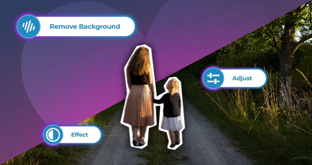 A split-screen graphic showcasing three Pixlr AI editing tools. The left half has a purple gradient background, while the right half reveals a lush, golden-hour nature scene with a tree-lined path. In the centre, a cutout of a woman and young child holding hands and walking together on a gravel path bridges both halves, with a white outline indicating the background has been removed. Three feature badges are positioned around the image: "Remove Background" in the top left, "Adjust" on the right, and "Effect" in the bottom left — each displaying its corresponding Pixlr tool icon in teal blue. The composition illustrates how Pixlr's AI tools work together to isolate subjects, enhance colours, and apply effects.