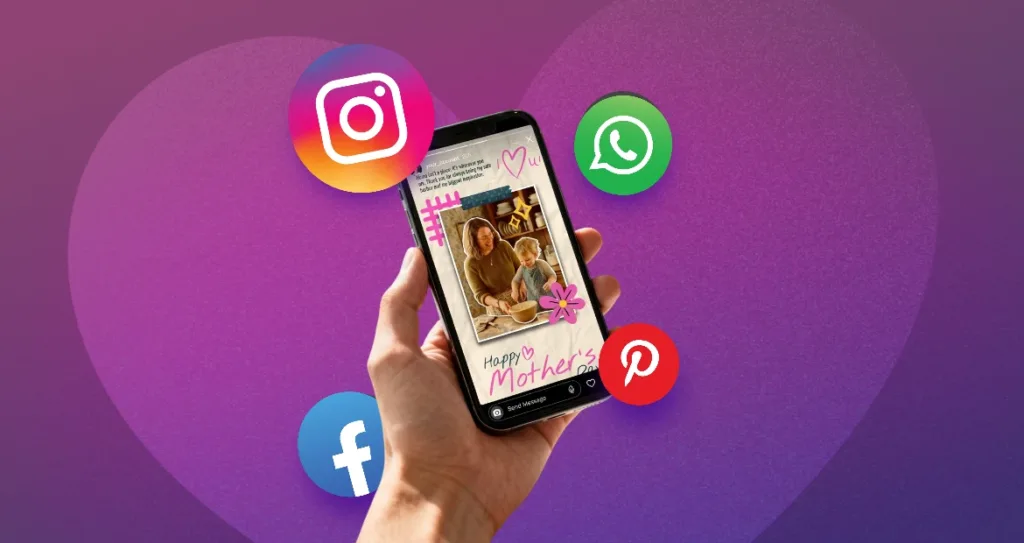 A promotional graphic on a purple heart-shaped background. A hand holds a smartphone displaying a finished Mother's Day card created in Pixlr — featuring a scrapbook-style layout with a photo of a mother and child baking, decorated with a pink daisy sticker, hashtag grid doodle, washi tape, and pink handwritten text reading "Happy Mother's Day." The phone screen shows the card open in an Instagram Stories interface with a "Send Message" bar at the bottom. Surrounding the phone are four social media platform icons: Instagram (top left), WhatsApp (top right), Pinterest (right), and Facebook (bottom left), suggesting the finished design can be shared across multiple platforms.